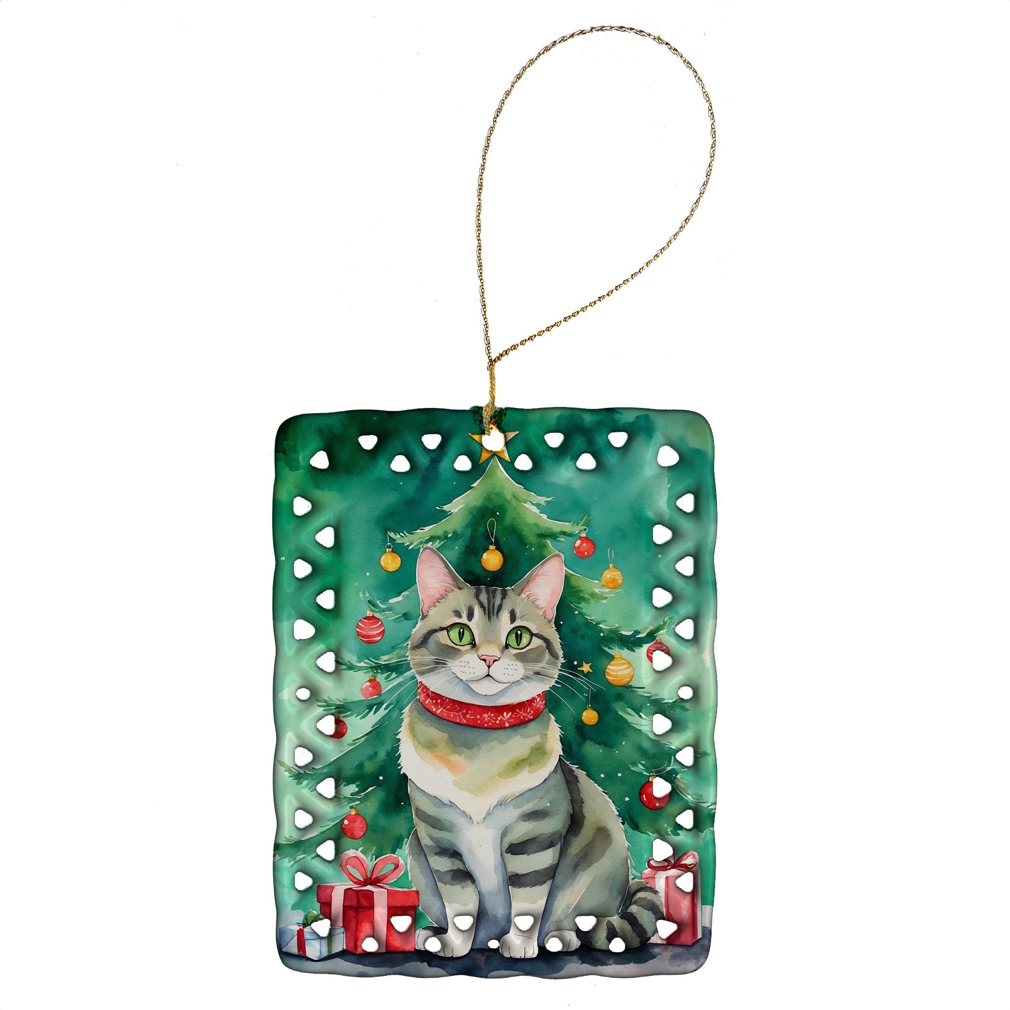 Raas Cat By the Christmas Tree Porcelain Ornament Christmas Tree Hanging Decorations for Home Christmas Holiday, Rectangle, Gift, Multicolor
