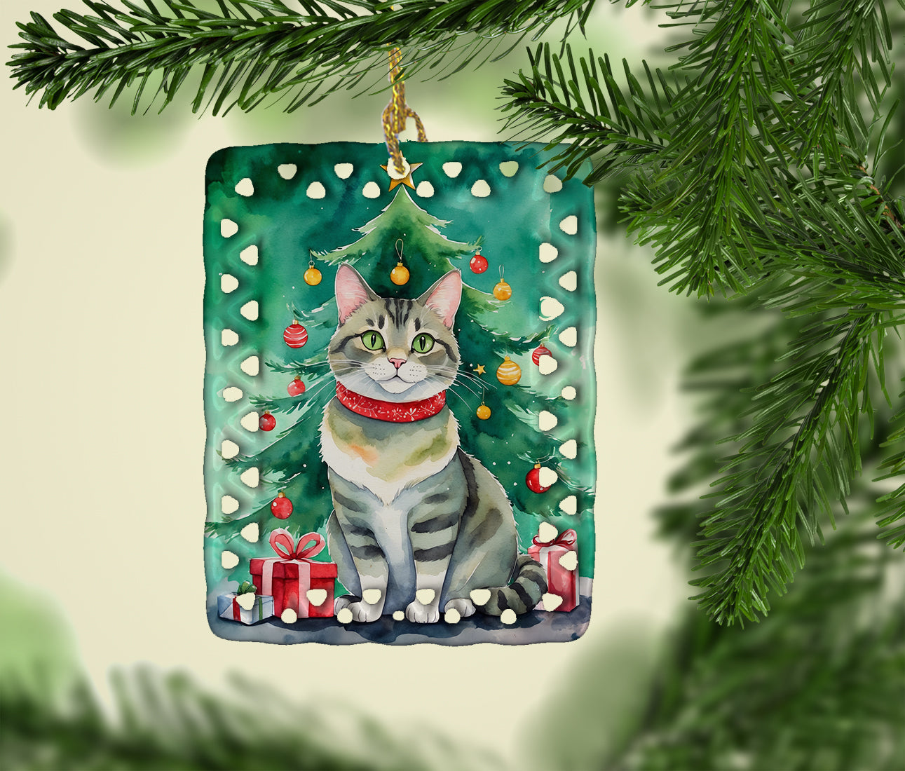 Raas Cat By the Christmas Tree Porcelain Ornament Christmas Tree Hanging Decorations for Home Christmas Holiday, Rectangle, Gift, Multicolor