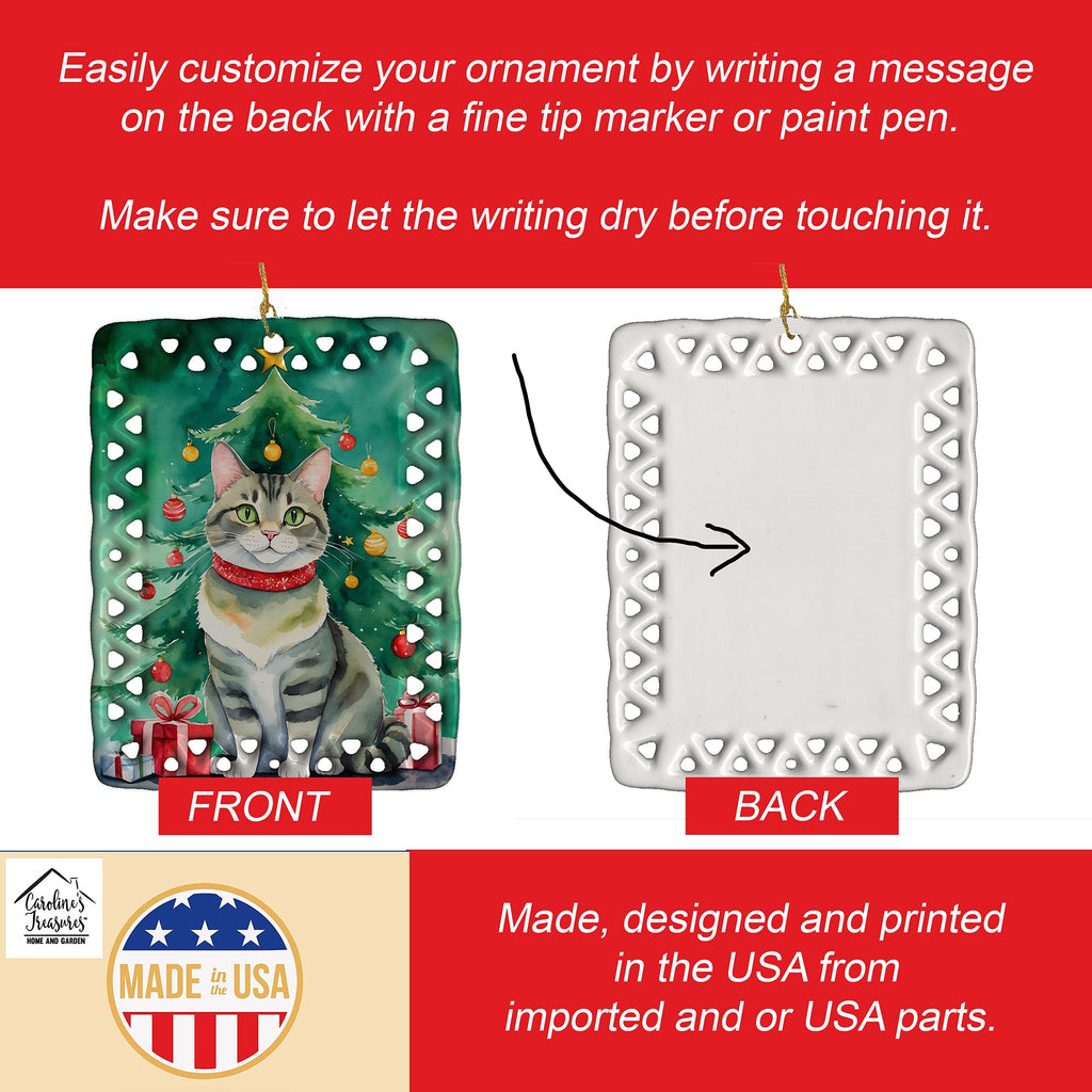 Raas Cat By the Christmas Tree Porcelain Ornament Christmas Tree Hanging Decorations for Home Christmas Holiday, Rectangle, Gift, Multicolor