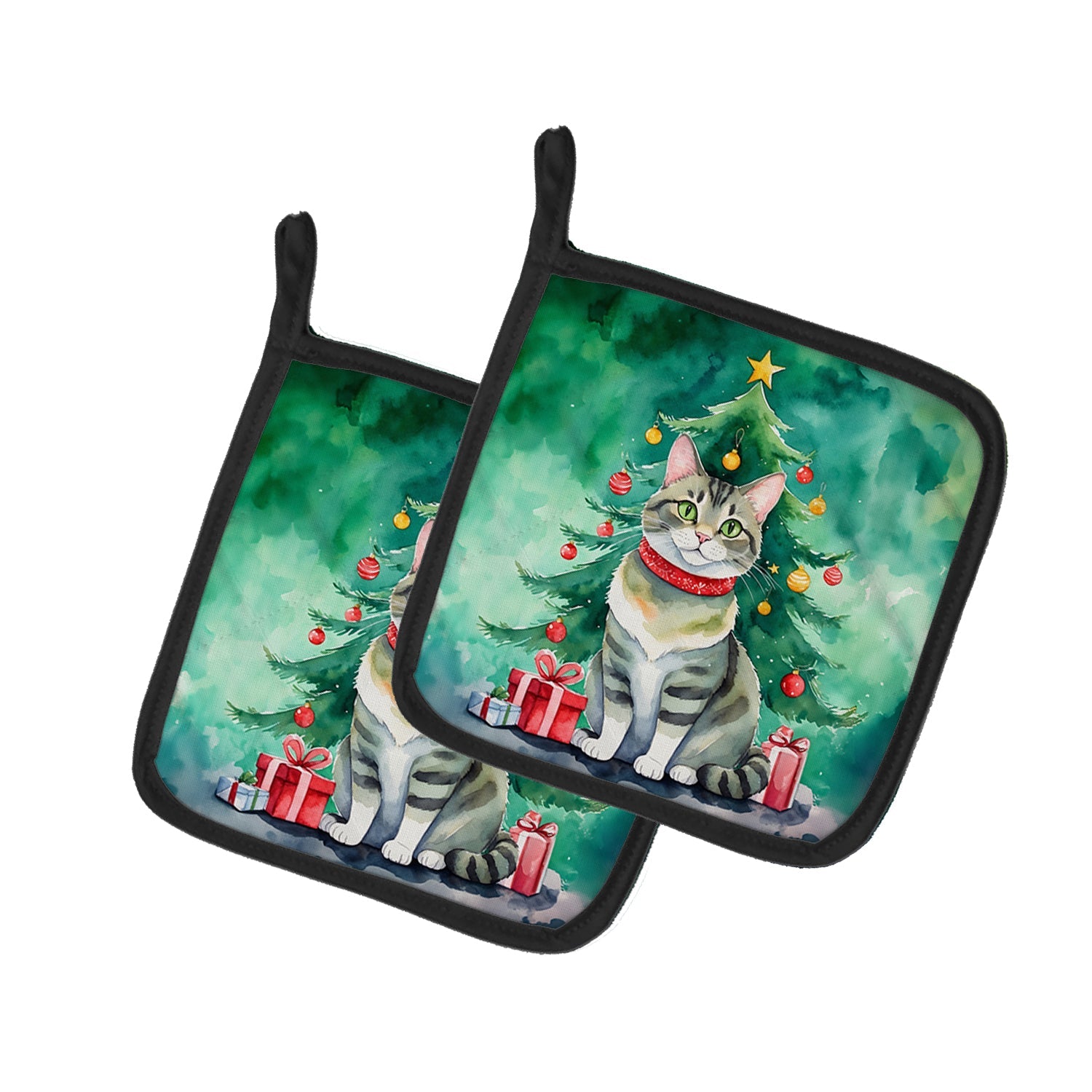 Raas Cat By the Christmas Tree Pot Holder Set of 2 Heat Resistant Quilted Hot Pads 7.5 x 7.5 Inch, Insulated Kitchen Trivets for Cooking & Baking