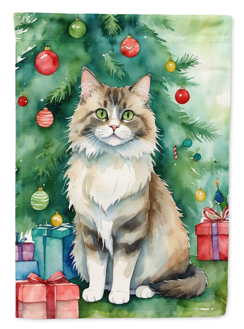 Ragamuffin Cat By the Christmas Tree House Flag 28x40 Porch Sleeve Pole Decorative Outside Yard Banner Artwork Wall Hanging, Polyester