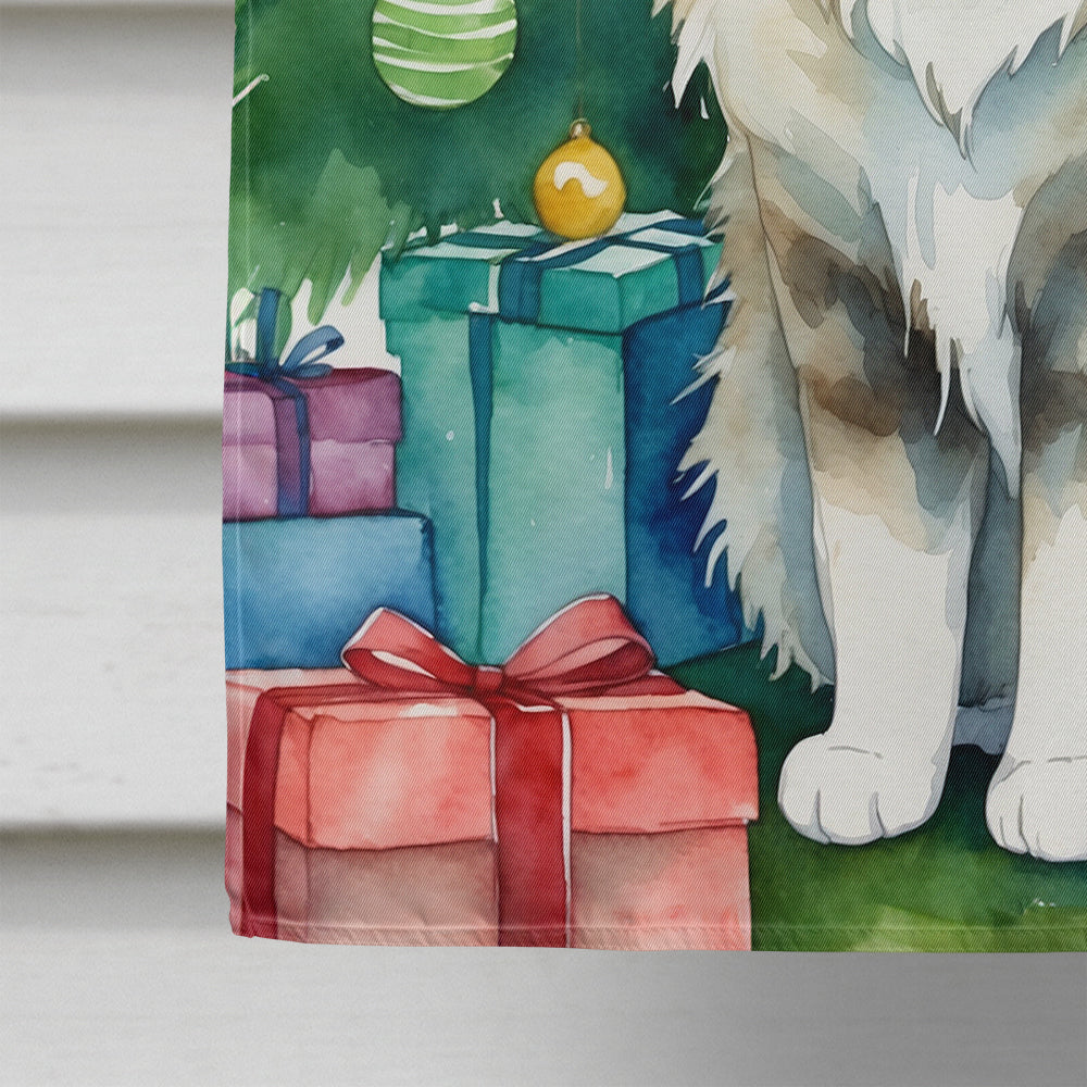 Ragamuffin Cat By the Christmas Tree House Flag 28x40 Porch Sleeve Pole Decorative Outside Yard Banner Artwork Wall Hanging, Polyester