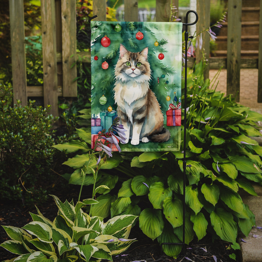 Ragamuffin Cat By the Christmas Tree Garden Flag Mailbox Decorative Yard Banner Outside Patio Artwork for Flower Beds, Garden Size, Multicolor