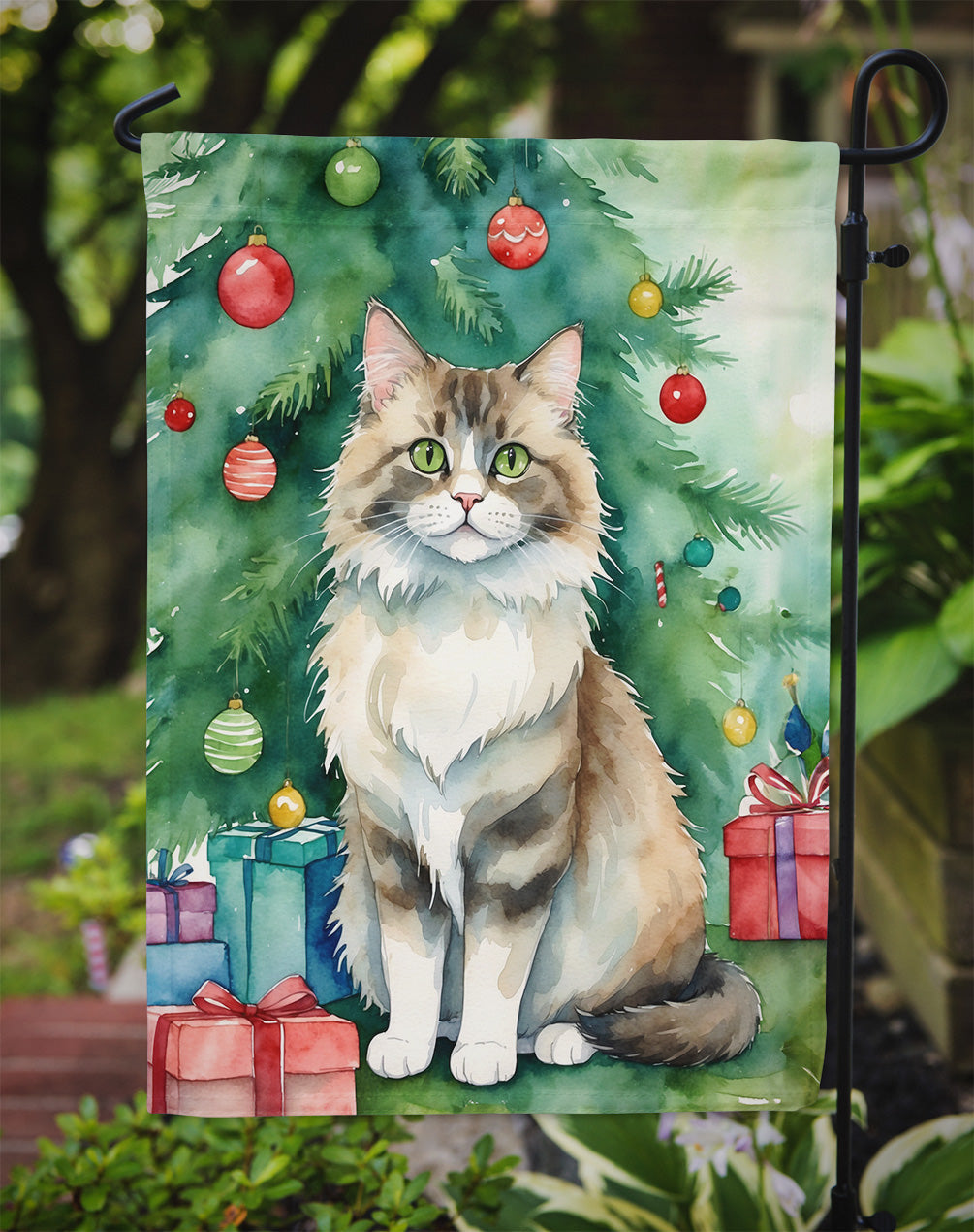Ragamuffin Cat By the Christmas Tree Garden Flag Mailbox Decorative Yard Banner Outside Patio Artwork for Flower Beds, Garden Size, Multicolor