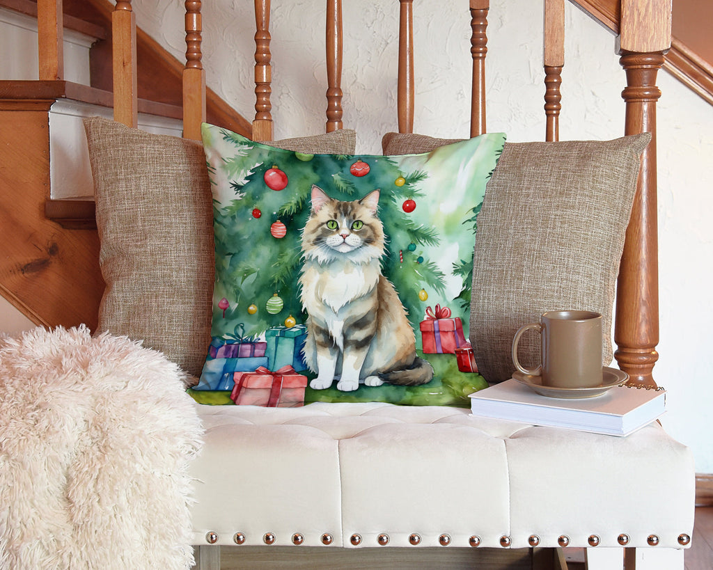 Ragamuffin Cat By the Christmas Tree Decorative Throw Pillow 14x14 Indoor Outdoor Accent Cushion, Fabric Cover with Insert for Sofa, Bed, Porch & Living Room
