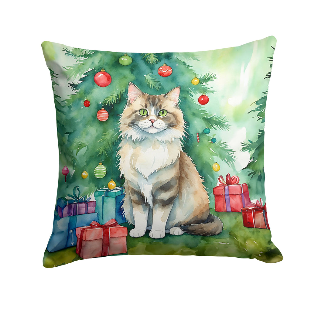 Ragamuffin Cat By the Christmas Tree Decorative Throw Pillow 18x18 Indoor Outdoor Accent Cushion, Fabric Cover with Insert for Sofa, Bed, Porch & Living Room