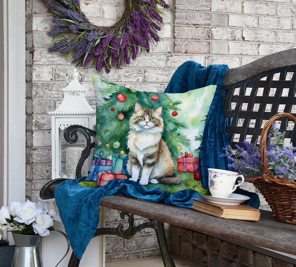 Ragamuffin Cat By the Christmas Tree Decorative Throw Pillow 18x18 Indoor Outdoor Accent Cushion, Fabric Cover with Insert for Sofa, Bed, Porch & Living Room