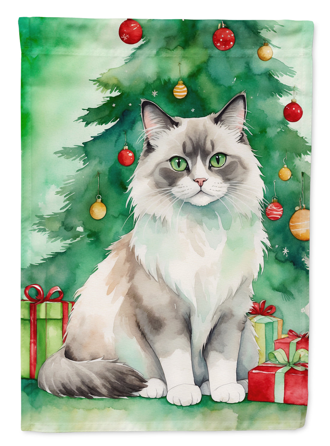 Ragdoll Cat By the Christmas Tree House Flag 28x40 Porch Sleeve Pole Decorative Outside Yard Banner Artwork Wall Hanging, Polyester