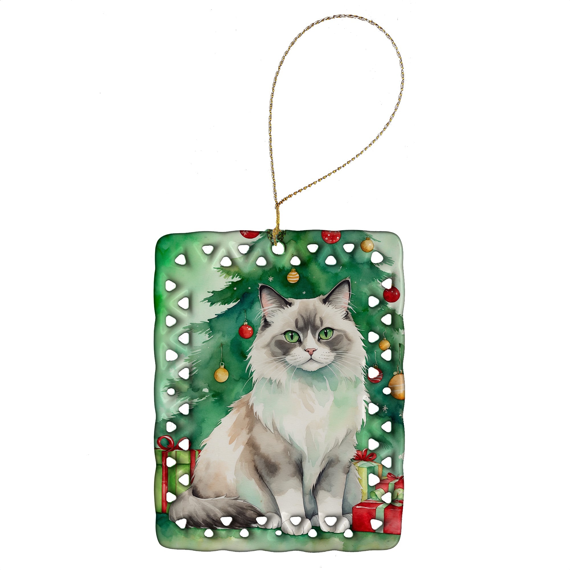 Ragdoll Cat By the Christmas Tree Porcelain Ornament Christmas Tree Hanging Decorations for Home Christmas Holiday, Rectangle, Gift, Multicolor