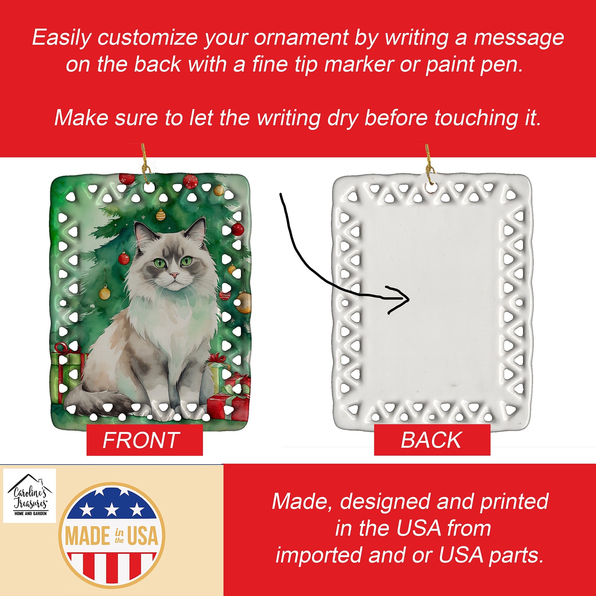 Ragdoll Cat By the Christmas Tree Porcelain Ornament Christmas Tree Hanging Decorations for Home Christmas Holiday, Rectangle, Gift, Multicolor