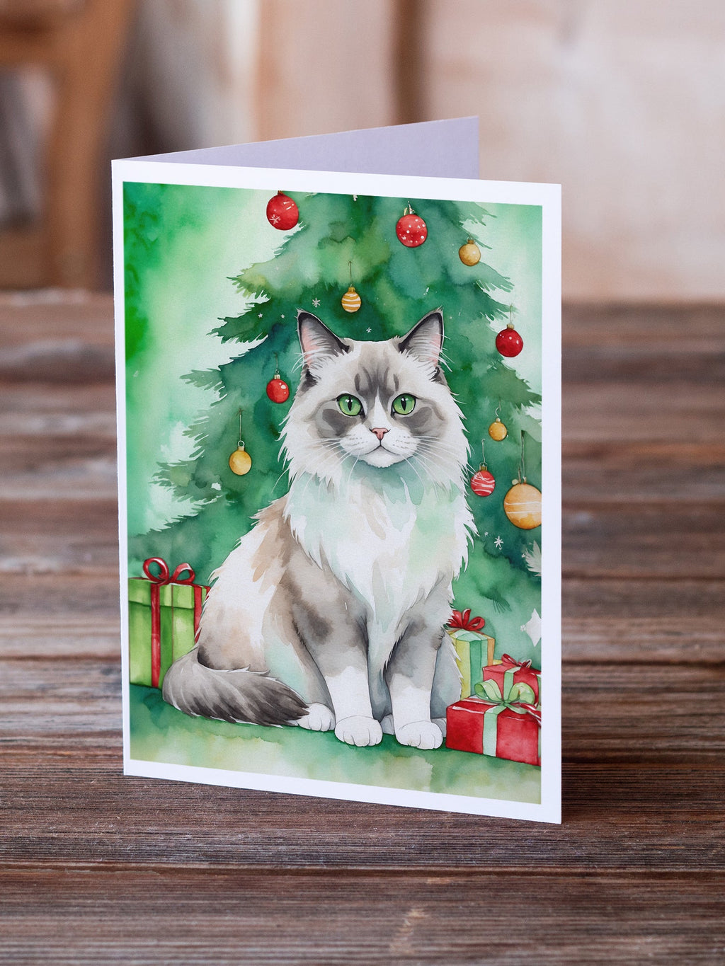 Ragdoll Cat By the Christmas Tree Greeting Cards Pack of 8 Blank Cards with Envelopes Whimsical A7 Size 5x7