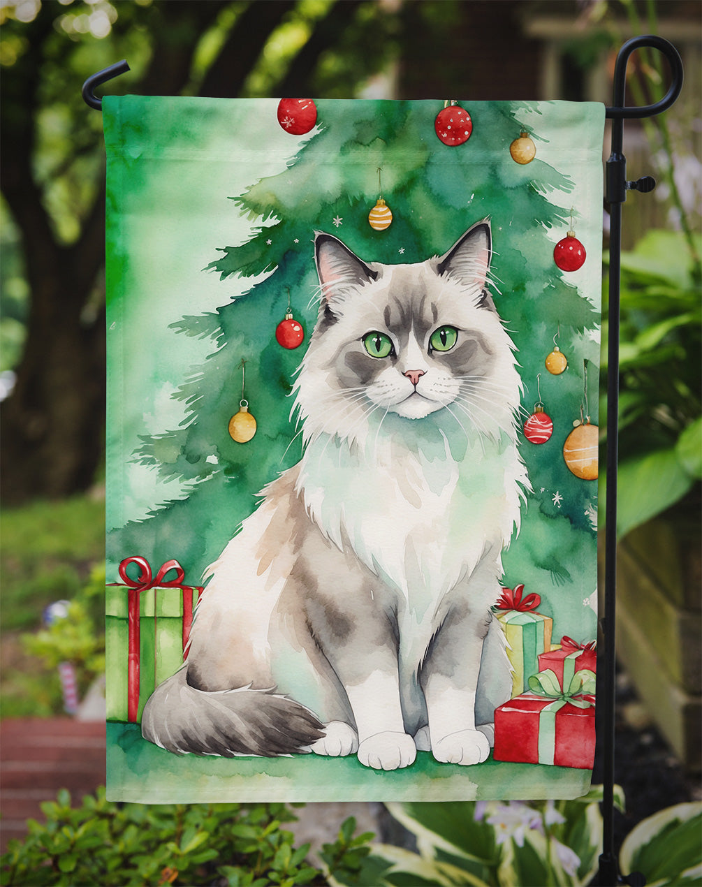 Ragdoll Cat By the Christmas Tree Garden Flag Mailbox Decorative Yard Banner Outside Patio Artwork for Flower Beds, Garden Size, Multicolor