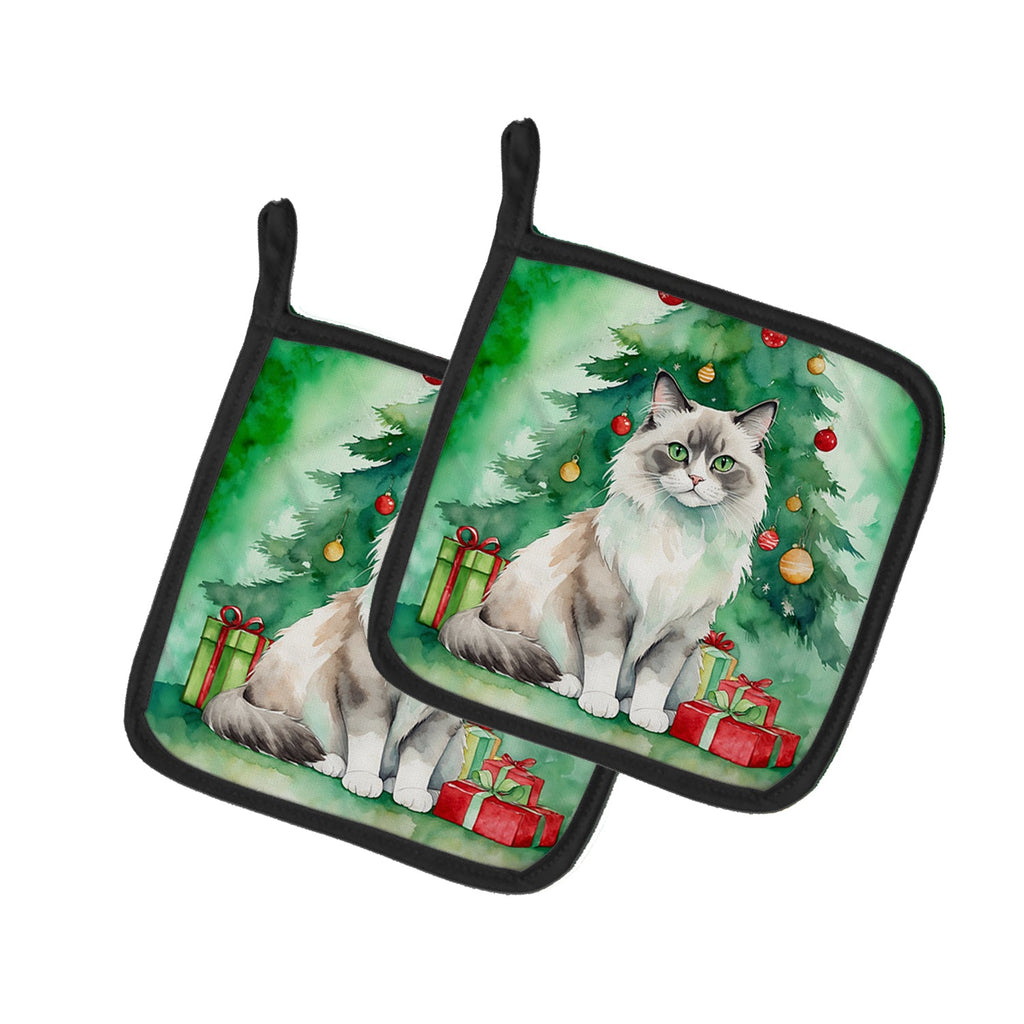 Ragdoll Cat By the Christmas Tree Pot Holder Set of 2 Heat Resistant Quilted Hot Pads 7.5 x 7.5 Inch, Insulated Kitchen Trivets for Cooking & Baking