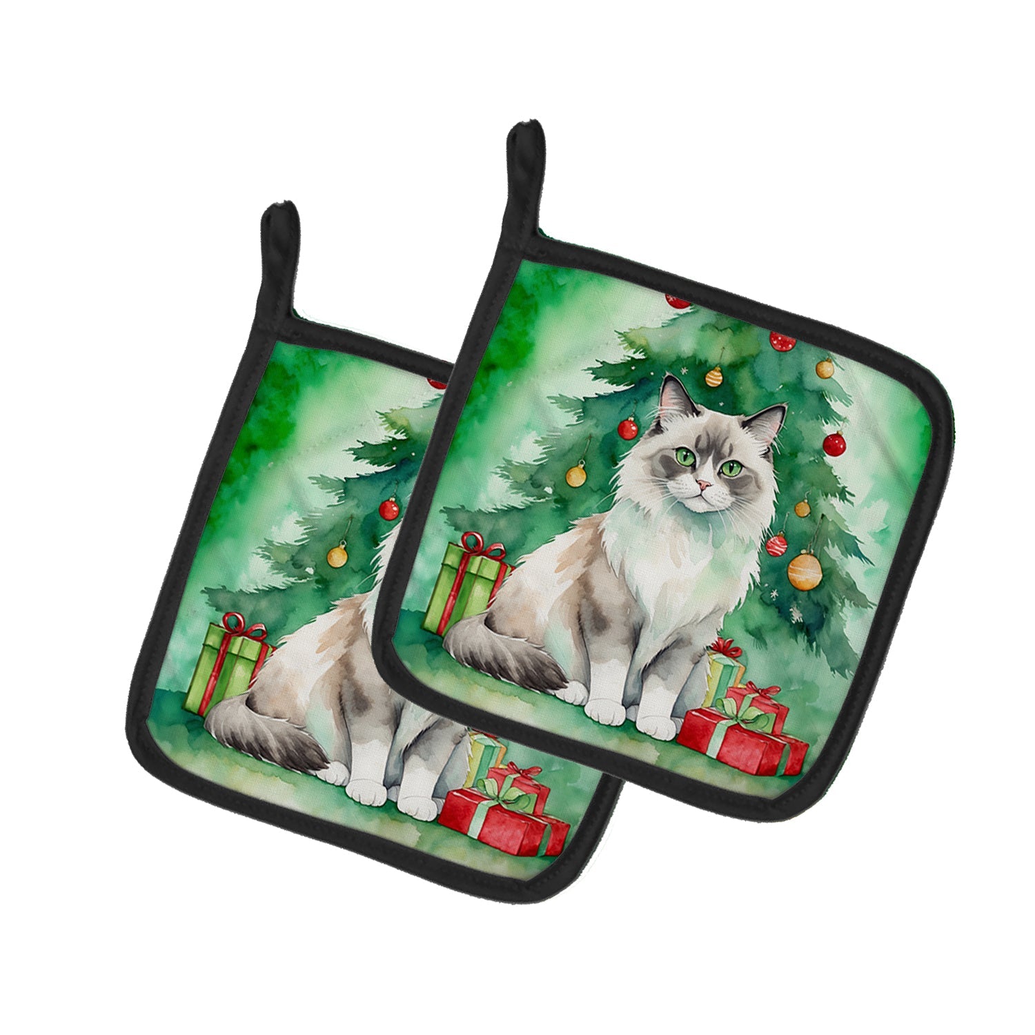 Ragdoll Cat By the Christmas Tree Pot Holder Set of 2 Heat Resistant Quilted Hot Pads 7.5 x 7.5 Inch, Insulated Kitchen Trivets for Cooking & Baking