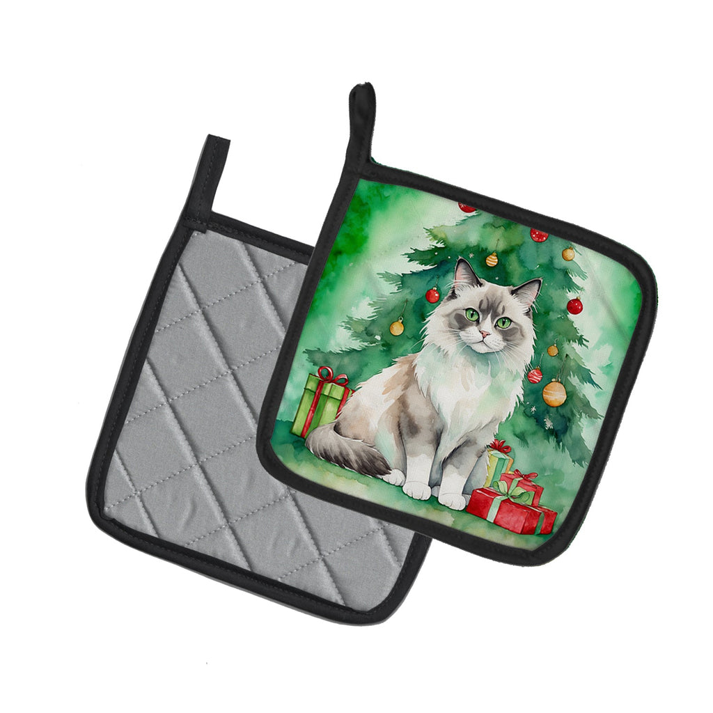 Ragdoll Cat By the Christmas Tree Pot Holder Set of 2 Heat Resistant Quilted Hot Pads 7.5 x 7.5 Inch, Insulated Kitchen Trivets for Cooking & Baking