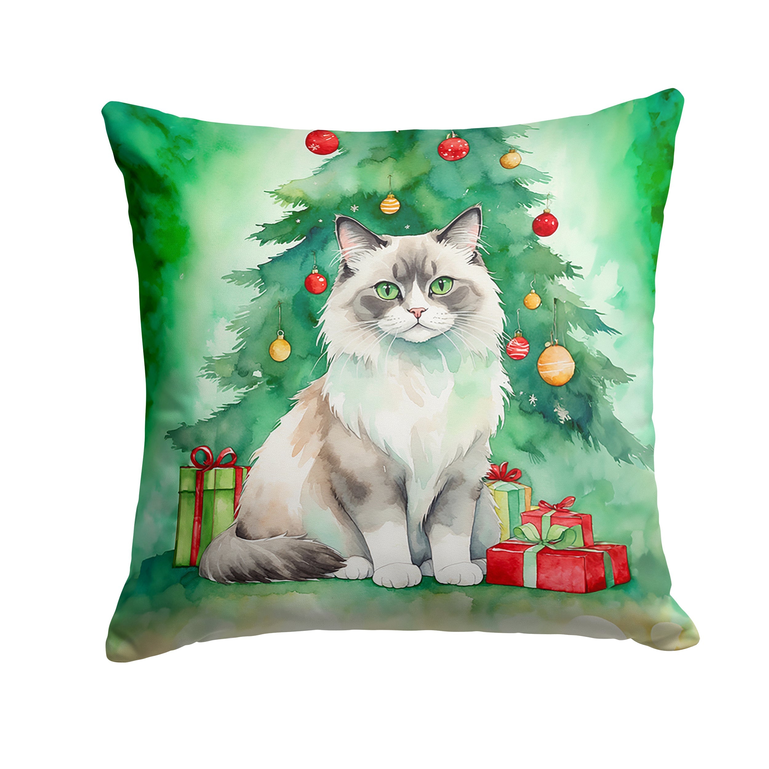 Ragdoll Cat By the Christmas Tree Decorative Throw Pillow 14x14 Indoor Outdoor Accent Cushion, Fabric Cover with Insert for Sofa, Bed, Porch & Living Room