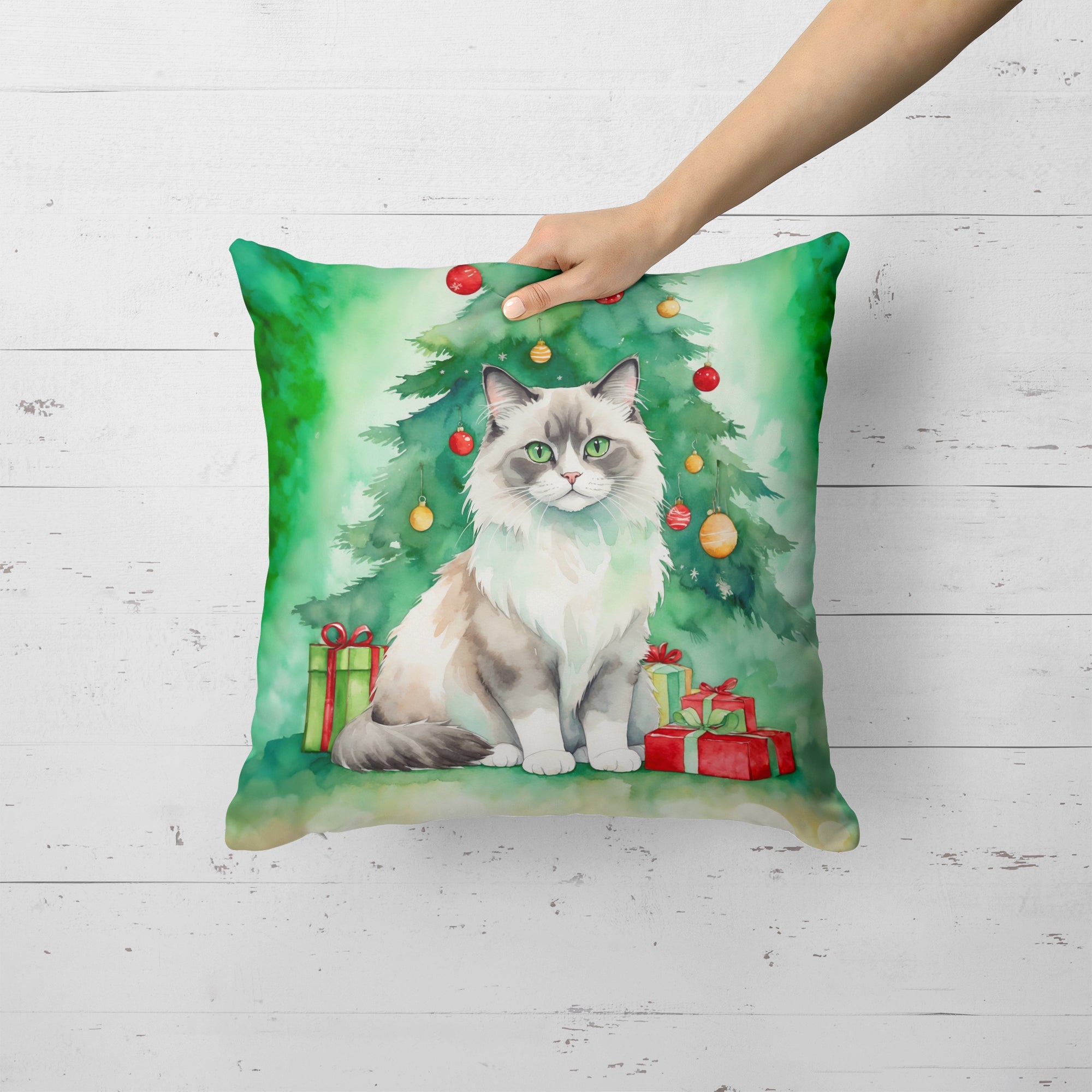 Ragdoll Cat By the Christmas Tree Decorative Throw Pillow 18x18 Indoor Outdoor Accent Cushion, Fabric Cover with Insert for Sofa, Bed, Porch & Living Room