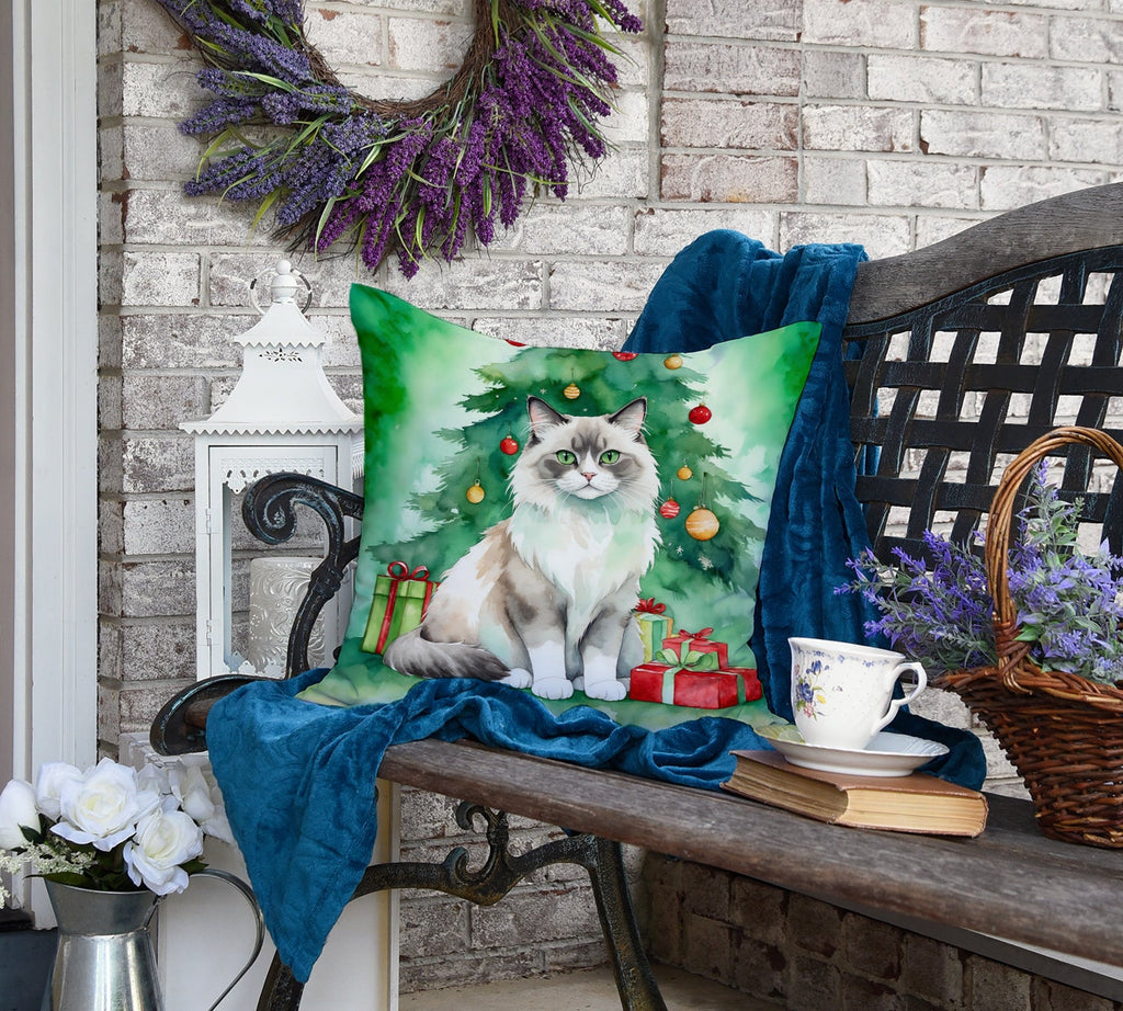 Ragdoll Cat By the Christmas Tree Decorative Throw Pillow 18x18 Indoor Outdoor Accent Cushion, Fabric Cover with Insert for Sofa, Bed, Porch & Living Room