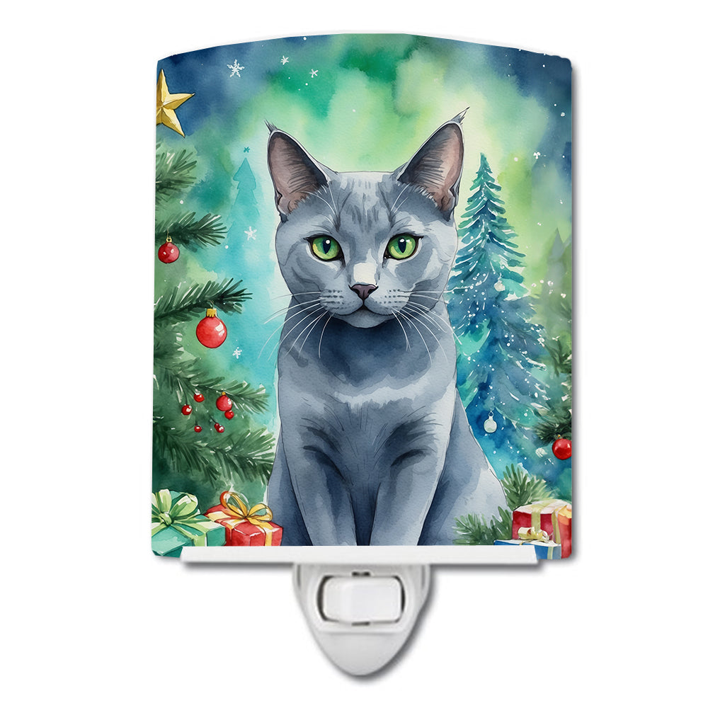 Russian Blue Cat By the Christmas Tree Ceramic Night Light Compact, UL-Certified, Ideal for Bedroom, Bathroom, Nursery, Hallway, Kitchen, 6x4x3, Multicolor