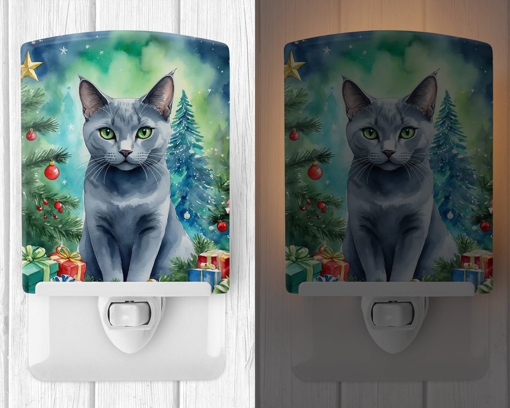 Russian Blue Cat By the Christmas Tree Ceramic Night Light Compact, UL-Certified, Ideal for Bedroom, Bathroom, Nursery, Hallway, Kitchen, 6x4x3, Multicolor