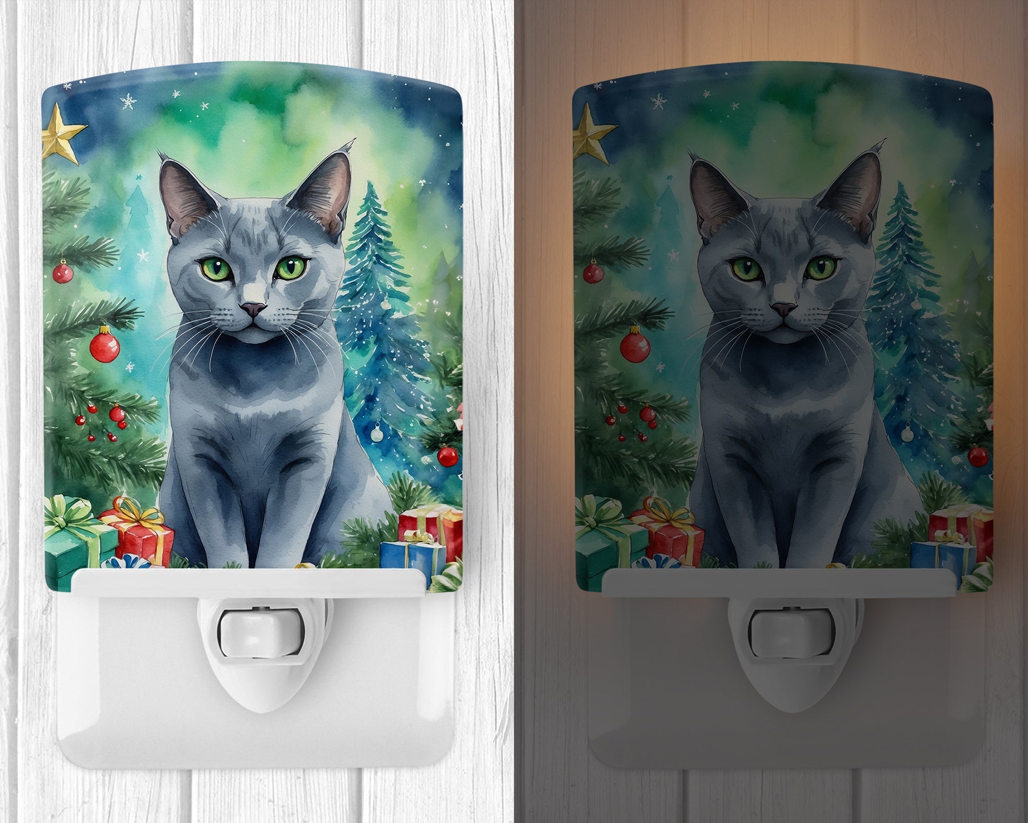 Russian Blue Cat By the Christmas Tree Ceramic Night Light Compact, UL-Certified, Ideal for Bedroom, Bathroom, Nursery, Hallway, Kitchen, 6x4x3, Multicolor