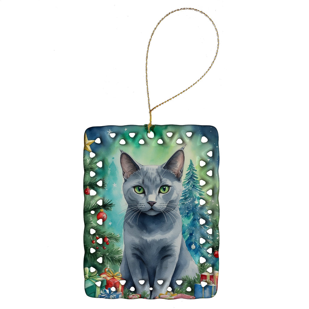 Russian Blue Cat By the Christmas Tree Porcelain Ornament Christmas Tree Hanging Decorations for Home Christmas Holiday, Rectangle, Gift, Multicolor