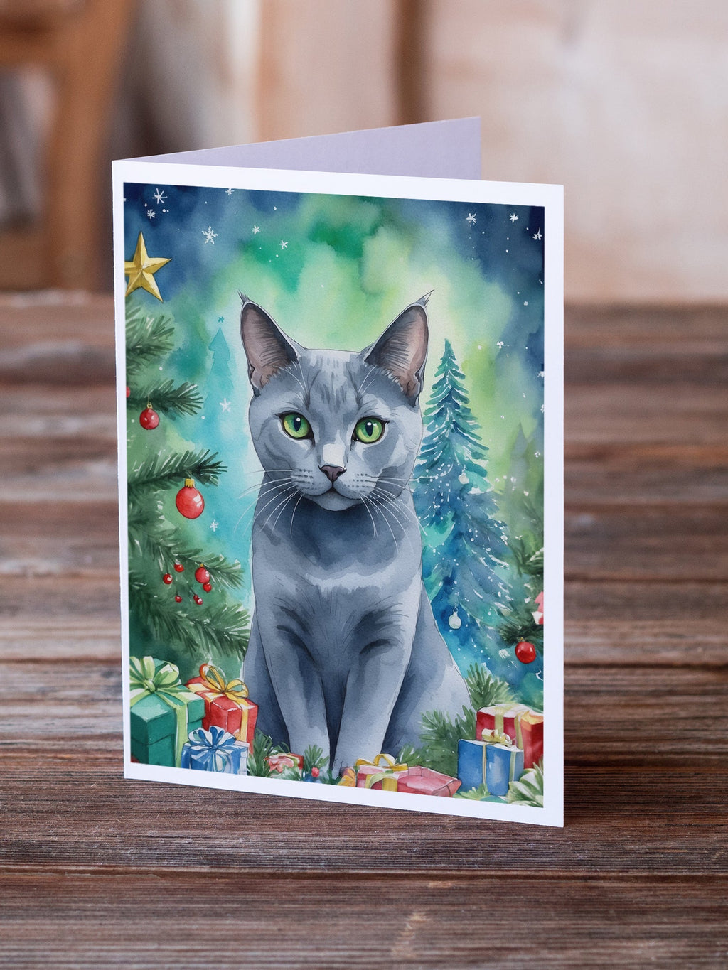 Russian Blue Cat By the Christmas Tree Greeting Cards Pack of 8 Blank Cards with Envelopes Whimsical A7 Size 5x7