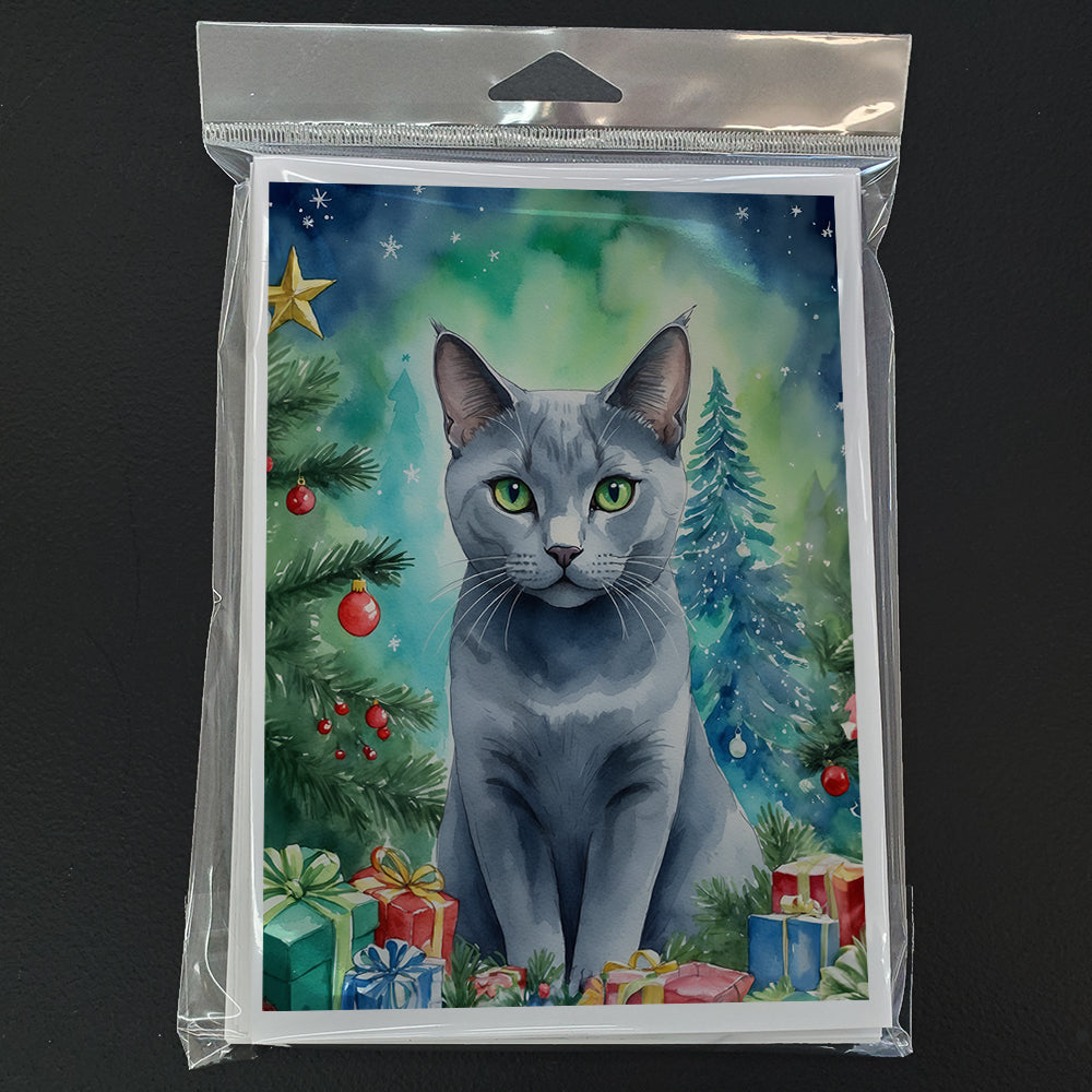 Russian Blue Cat By the Christmas Tree Greeting Cards Pack of 8 Blank Cards with Envelopes Whimsical A7 Size 5x7