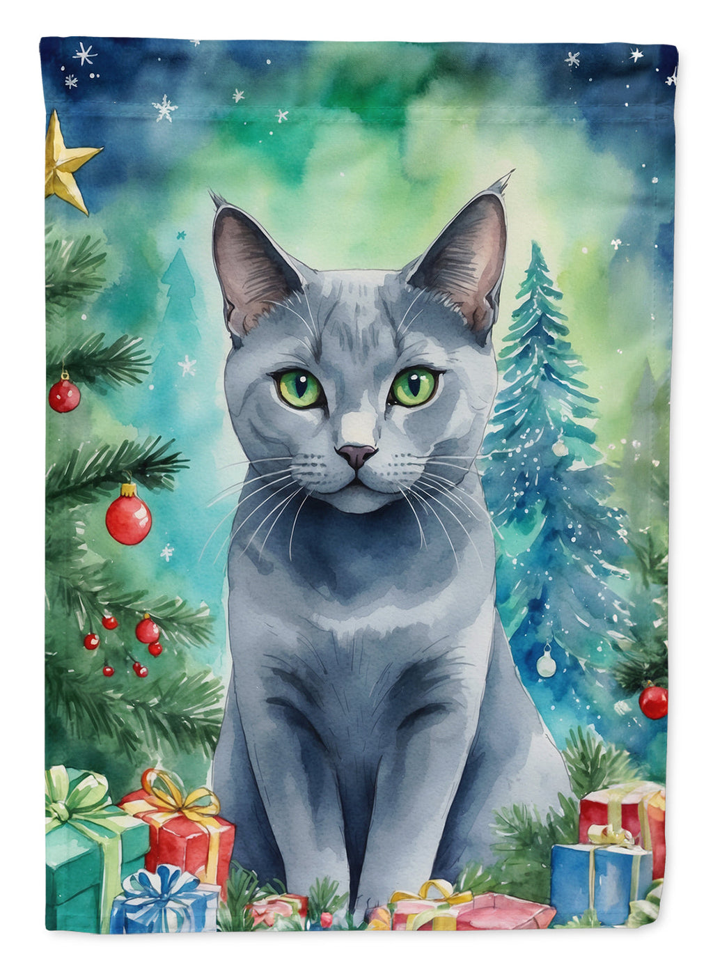 Russian Blue Cat By the Christmas Tree Garden Flag Mailbox Decorative Yard Banner Outside Patio Artwork for Flower Beds, Garden Size, Multicolor
