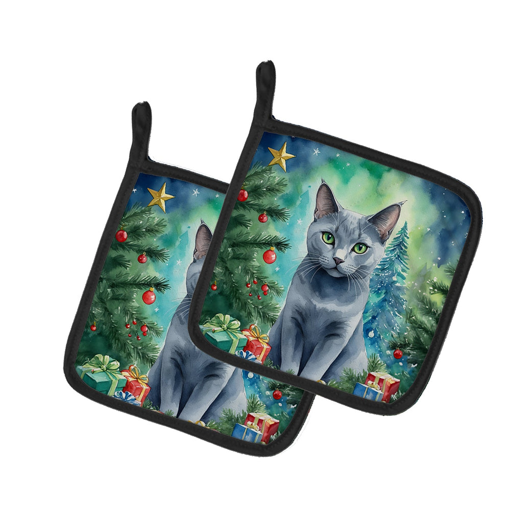 Russian Blue Cat By the Christmas Tree Pot Holder Set of 2 Heat Resistant Quilted Hot Pads 7.5 x 7.5 Inch, Insulated Kitchen Trivets for Cooking & Baking