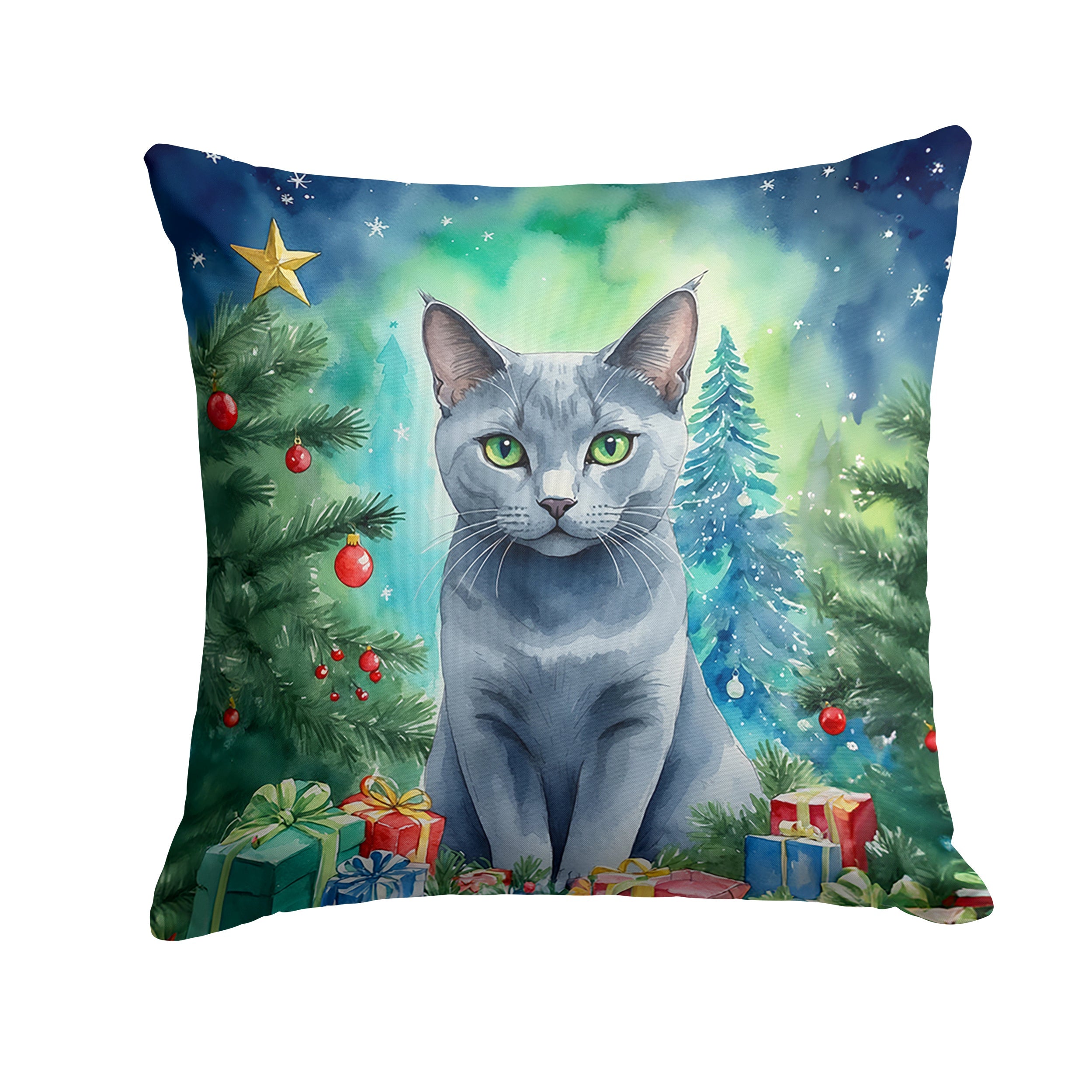 Russian Blue Cat By the Christmas Tree Decorative Throw Pillow 18x18 Indoor Outdoor Accent Cushion, Fabric Cover with Insert for Sofa, Bed, Porch & Living Room