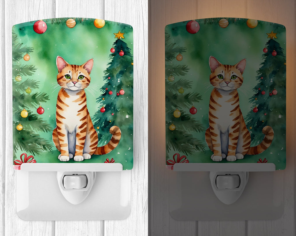 Safari Cat By the Christmas Tree Ceramic Night Light Compact, UL-Certified, Ideal for Bedroom, Bathroom, Nursery, Hallway, Kitchen, 6x4x3, Multicolor
