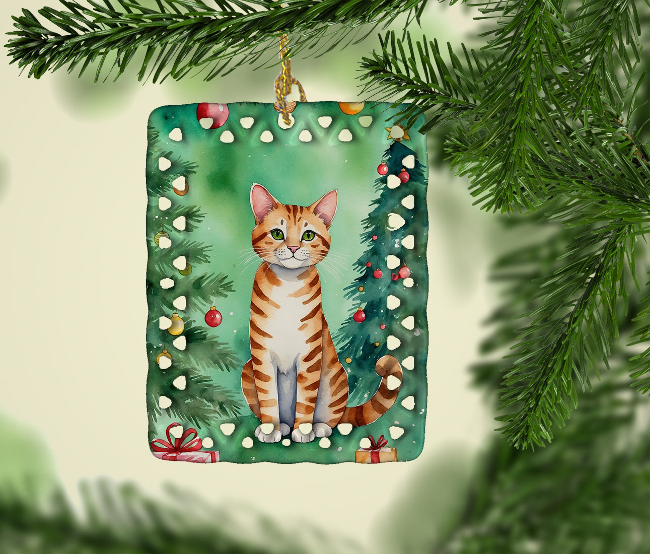 Safari Cat By the Christmas Tree Porcelain Ornament Christmas Tree Hanging Decorations for Home Christmas Holiday, Rectangle, Gift, Multicolor