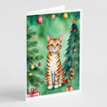 Safari Cat By the Christmas Tree Greeting Cards Pack of 8 Blank Cards with Envelopes Whimsical A7 Size 5x7
