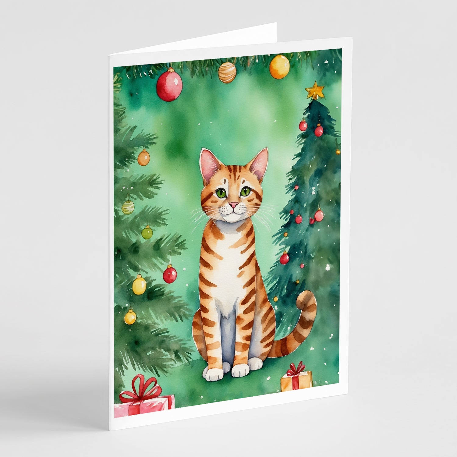 Safari Cat By the Christmas Tree Greeting Cards Pack of 8 Blank Cards with Envelopes Whimsical A7 Size 5x7