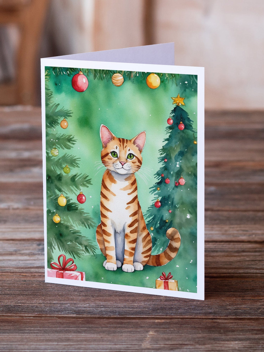 Safari Cat By the Christmas Tree Greeting Cards Pack of 8 Blank Cards with Envelopes Whimsical A7 Size 5x7