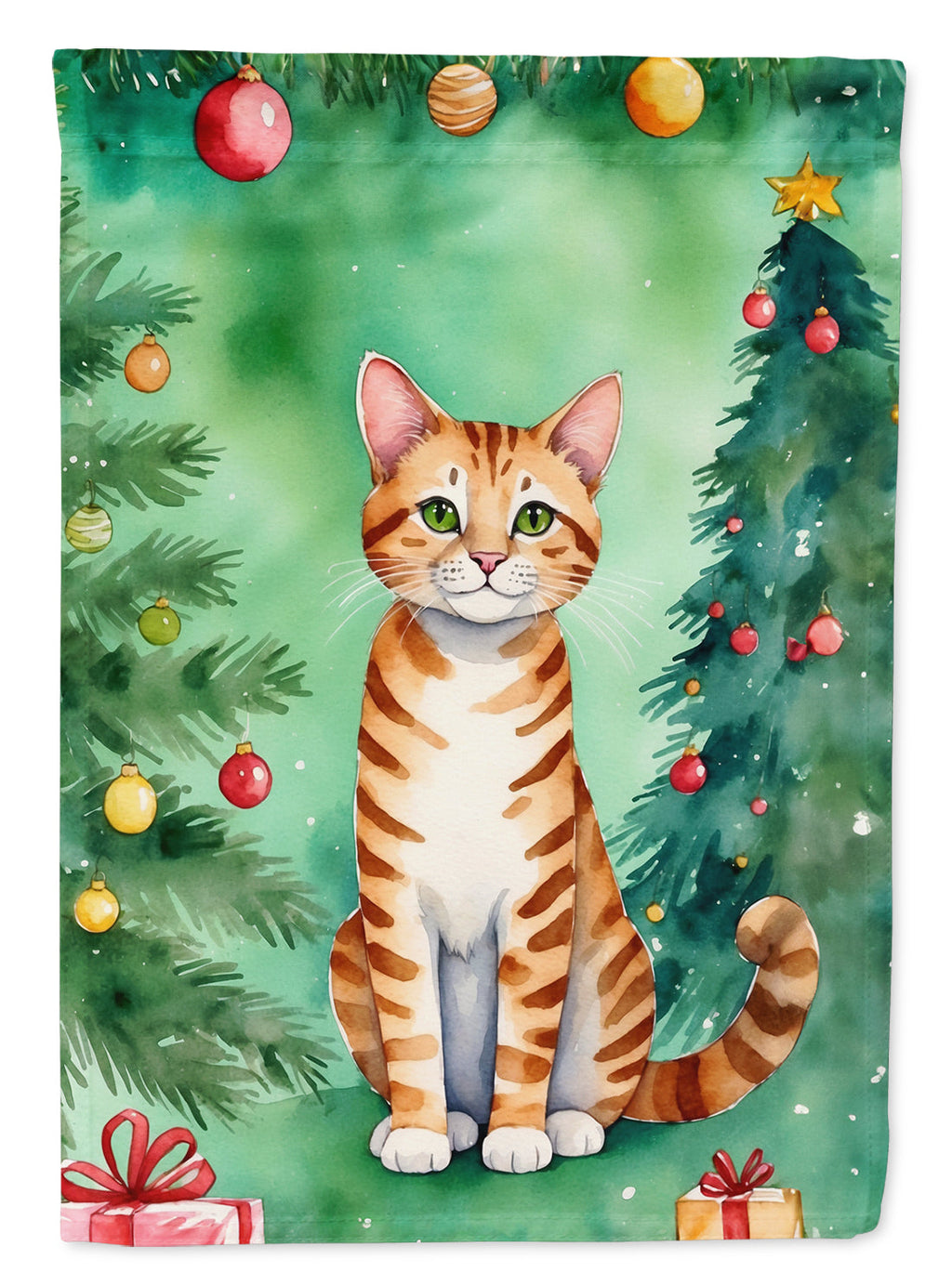 Safari Cat By the Christmas Tree Garden Flag Mailbox Decorative Yard Banner Outside Patio Artwork for Flower Beds, Garden Size, Multicolor