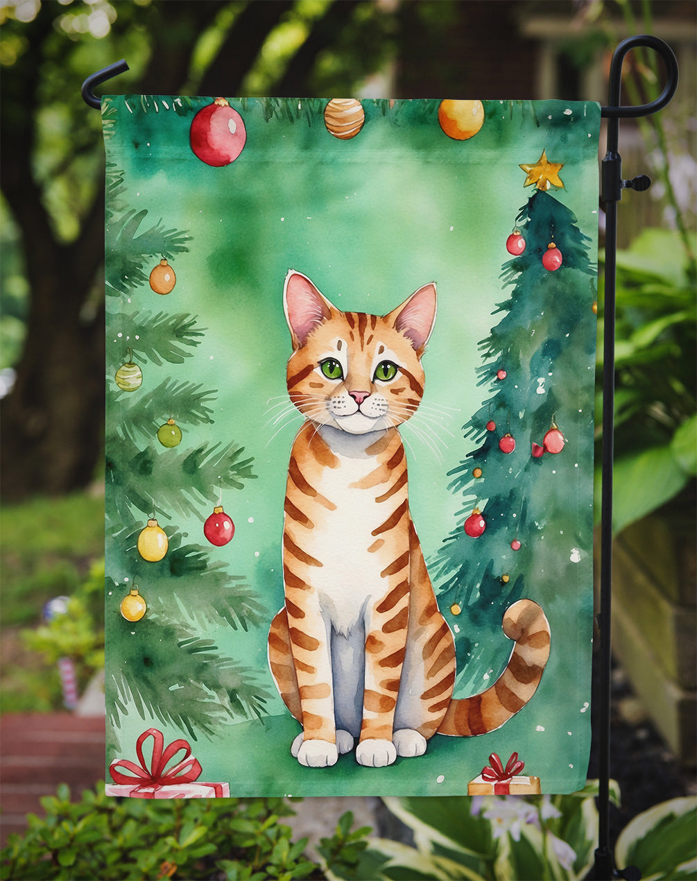 Safari Cat By the Christmas Tree Garden Flag Mailbox Decorative Yard Banner Outside Patio Artwork for Flower Beds, Garden Size, Multicolor