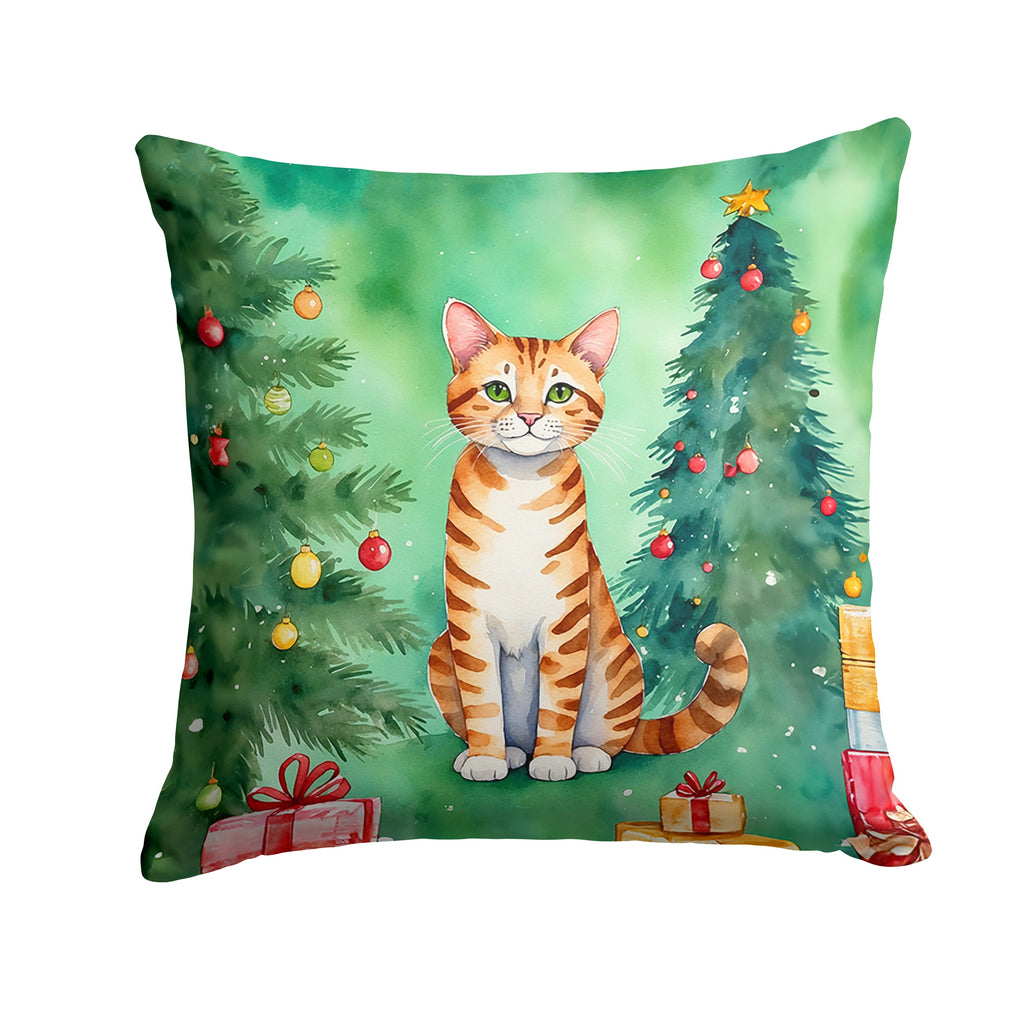 Safari Cat By the Christmas Tree Decorative Throw Pillow 14x14 Indoor Outdoor Accent Cushion, Fabric Cover with Insert for Sofa, Bed, Porch & Living Room