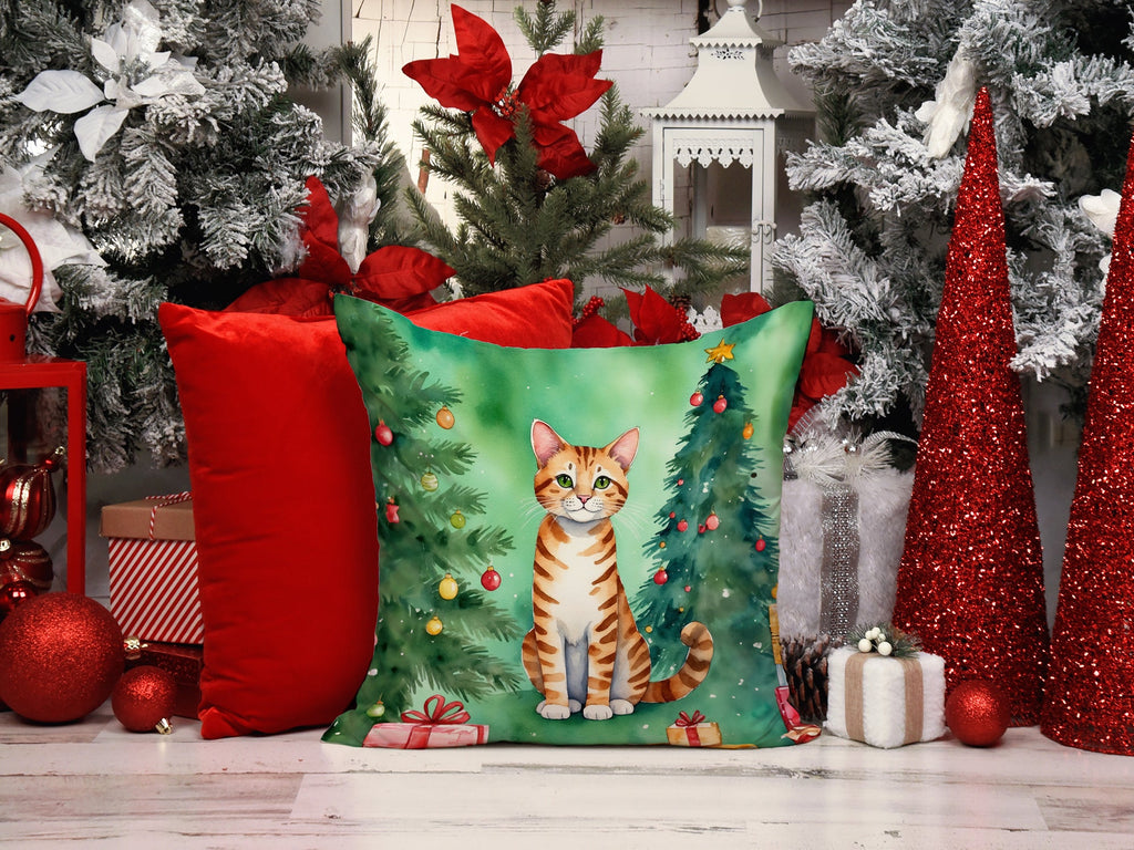 Safari Cat By the Christmas Tree Decorative Throw Pillow 18x18 Indoor Outdoor Accent Cushion, Fabric Cover with Insert for Sofa, Bed, Porch & Living Room