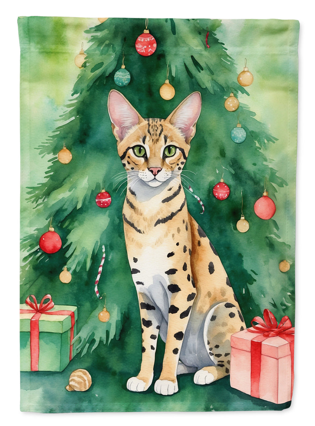Savannah Cat By the Christmas Tree House Flag 28x40 Porch Sleeve Pole Decorative Outside Yard Banner Artwork Wall Hanging, Polyester