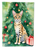 Savannah Cat By the Christmas Tree House Flag 28x40 Porch Sleeve Pole Decorative Outside Yard Banner Artwork Wall Hanging, Polyester