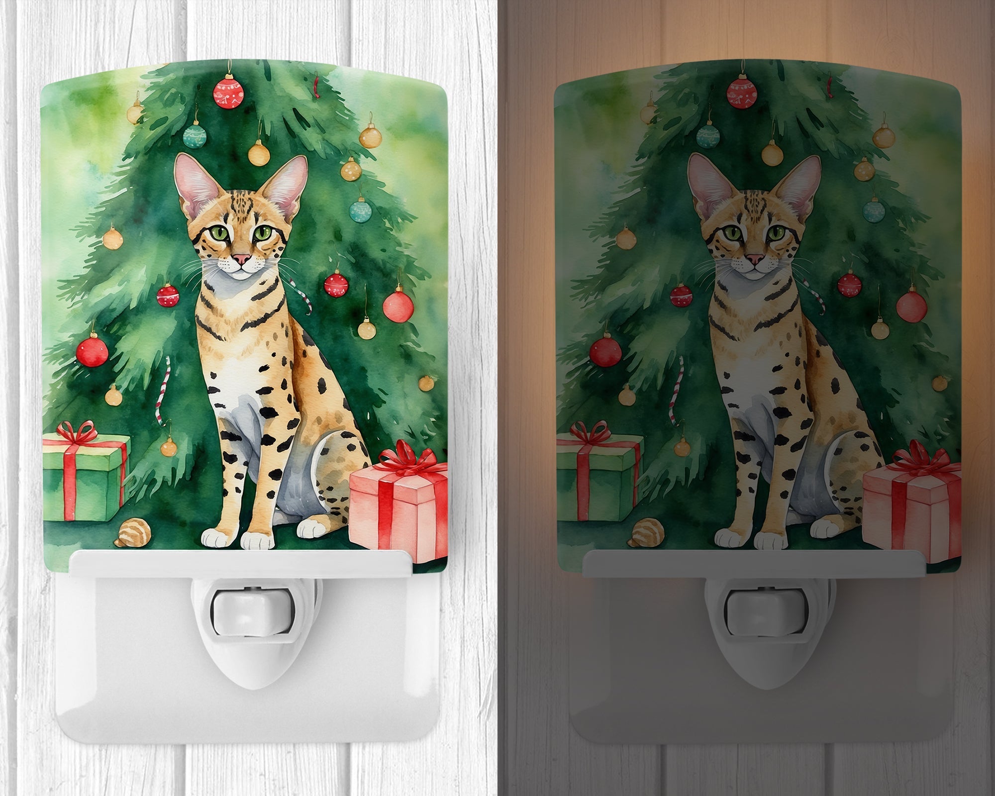 Savannah Cat By the Christmas Tree Ceramic Night Light Compact, UL-Certified, Ideal for Bedroom, Bathroom, Nursery, Hallway, Kitchen, 6x4x3, Multicolor