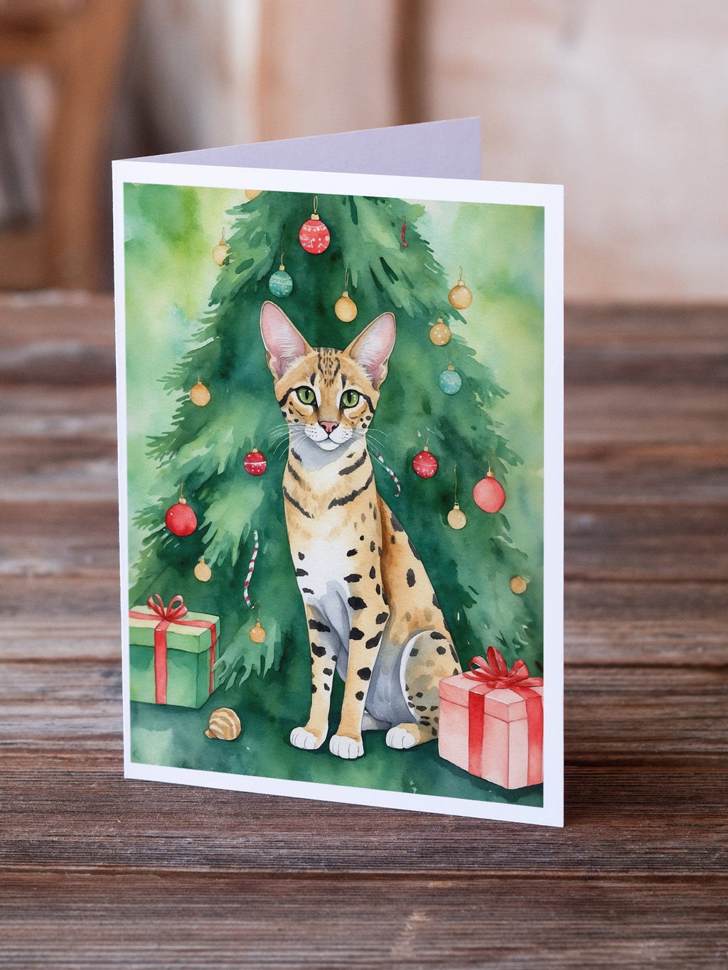Savannah Cat By the Christmas Tree Greeting Cards Pack of 8 Blank Cards with Envelopes Whimsical A7 Size 5x7
