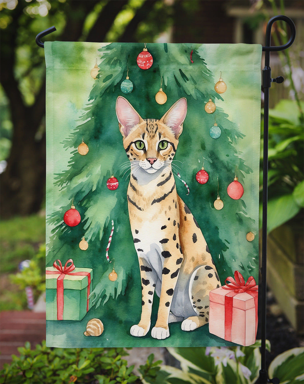 Savannah Cat By the Christmas Tree Garden Flag Mailbox Decorative Yard Banner Outside Patio Artwork for Flower Beds, Garden Size, Multicolor