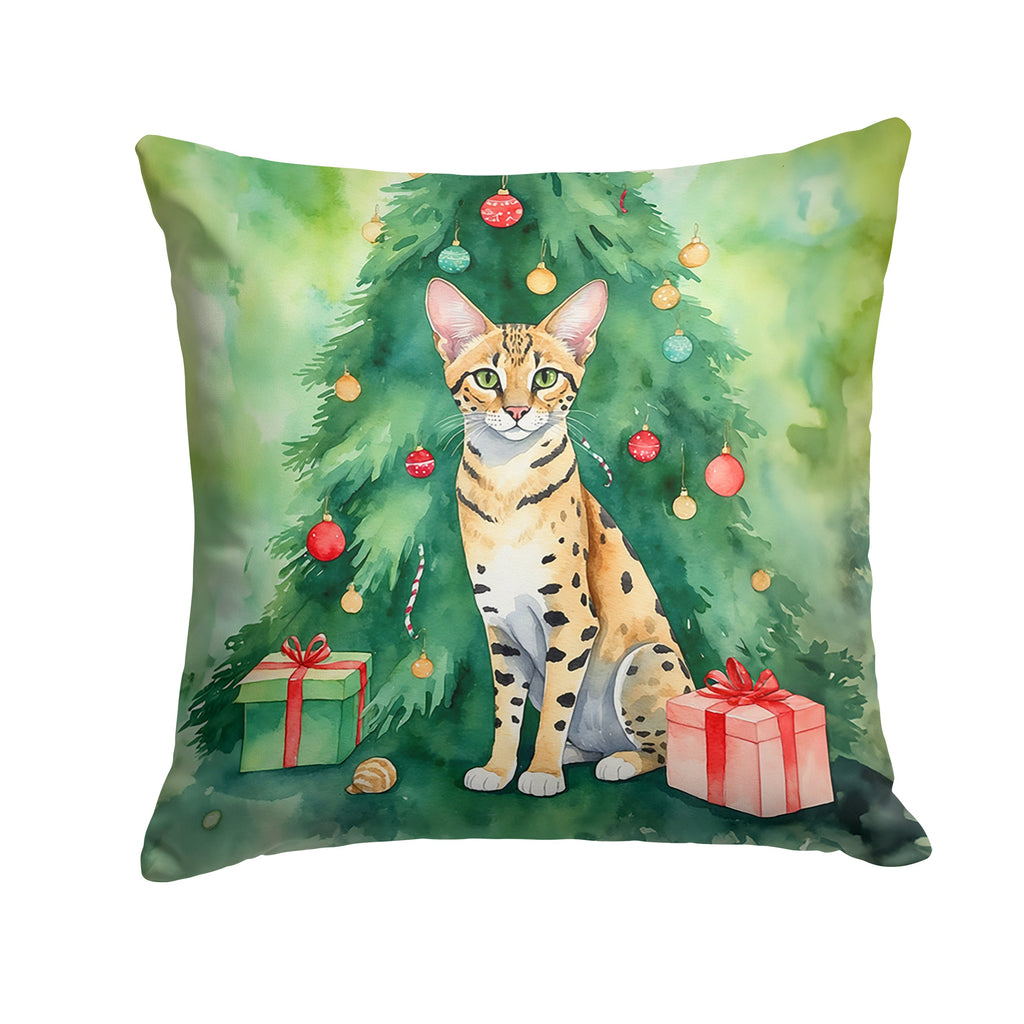 Savannah Cat By the Christmas Tree Decorative Throw Pillow 14x14 Indoor Outdoor Accent Cushion, Fabric Cover with Insert for Sofa, Bed, Porch & Living Room