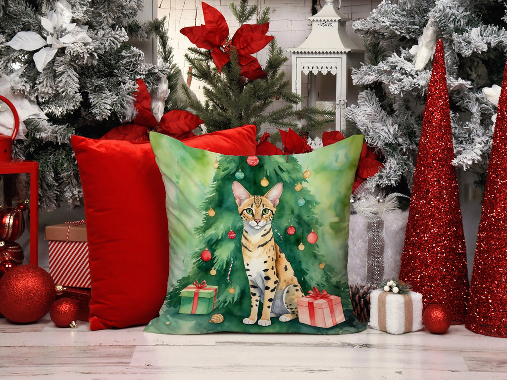 Savannah Cat By the Christmas Tree Decorative Throw Pillow 18x18 Indoor Outdoor Accent Cushion, Fabric Cover with Insert for Sofa, Bed, Porch & Living Room