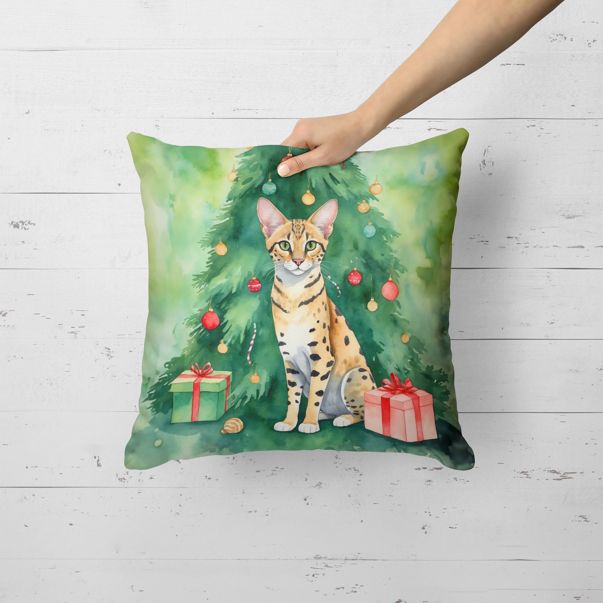 Savannah Cat By the Christmas Tree Decorative Throw Pillow 18x18 Indoor Outdoor Accent Cushion, Fabric Cover with Insert for Sofa, Bed, Porch & Living Room