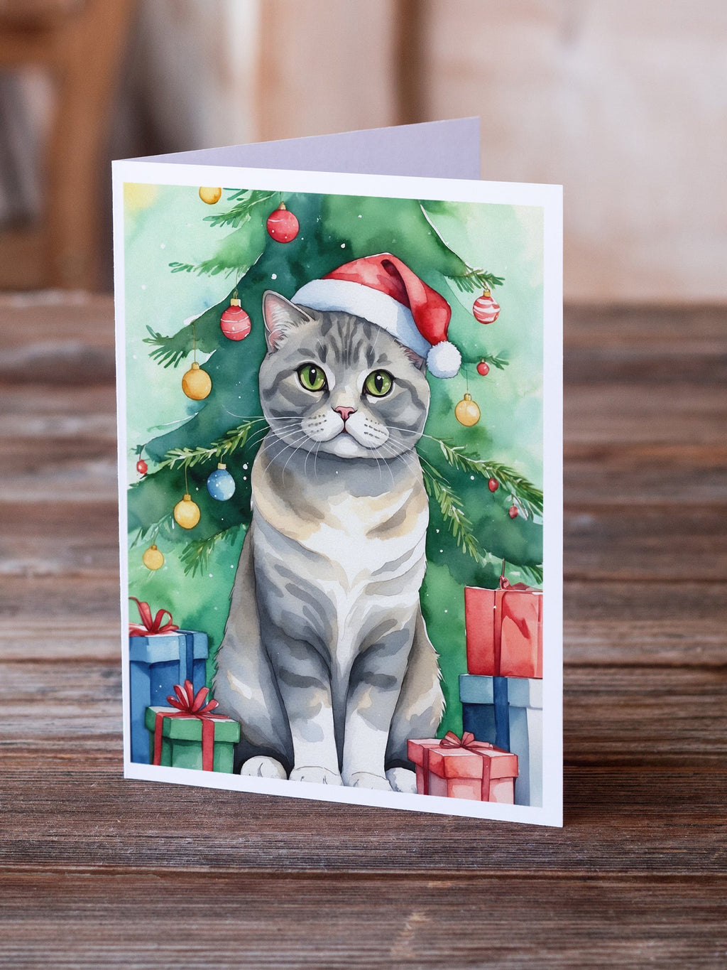 Scottish Fold Cat By the Christmas Tree Greeting Cards Pack of 8 Blank Cards with Envelopes Whimsical A7 Size 5x7