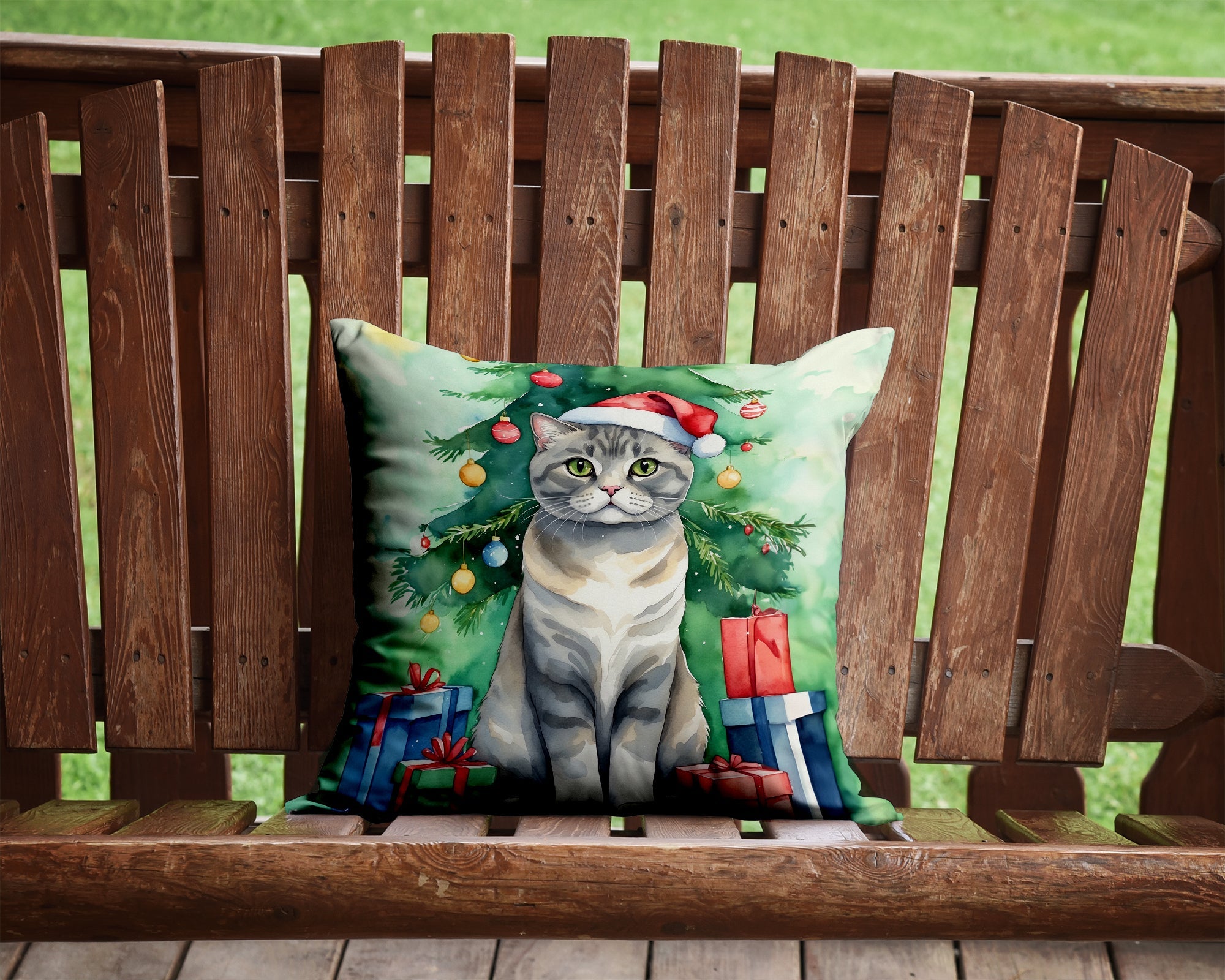 Scottish Fold Cat By the Christmas Tree Decorative Throw Pillow 14x14 Indoor Outdoor Accent Cushion, Fabric Cover with Insert for Sofa, Bed, Porch & Living Room